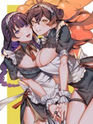 2girls beauty_mark big_breasts blush breasts brown_hair crow_3434 genderswap_(mtf) genshin_impact maid maid_headdress maid_uniform mole mole_under_eye multiple_girls purple_eyes purple_hair raiden_shogun rule_63 thick_thighs thighs yellow_eyes zhongli_(genshin_impact) zhongli_jiejie