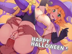 boris_(noborhys) breasts breasts_out breasts_out_of_clothes carrying censored cum dress dress_lift fanbox_reward green_eyes halloween lifted lifted_legs orange_hair original original_character paid_reward penetration penis vaginal_penetration witch witch_hat