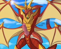 5:4 abs anthro bakugan blush blush_lines bodily_fluids cloudscape drago_(bakugan) dragon erection famir_(artist) genital_fluids genitals gold_body gold_scales green_eyes hands_behind_head horn looking_at_viewer male membrane_(anatomy) membranous_wings muscular muscular_male nude open_mouth pecs penis pink_penis precum presenting presenting_penis pupils red_body red_scales scales scalie serratus signature simple_background sky slit slit_pupils smile solo tongue unusual_anatomy unusual_genitalia unusual_penis western_dragon wings