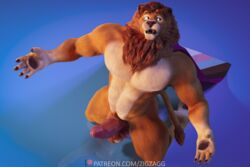 3:2 3d_(artwork) anthro biceps claws digital_media_(artwork) fangs felid genitals hi_res lion male mammal muscular neck_tuft pantherine penis pubes text tuft url zigzagg_(artist)