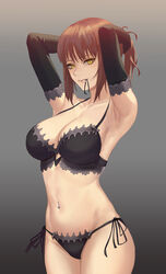 armpits arms_up bangs bare_shoulders bikini black_bikini black_bra black_gloves black_sleeves bra breasts brown_hair chainsaw_man cleavage collarbone commentary cowboy_shot detached_sleeves elbow_gloves female g-string gloves grey_background hair_tie_in_mouth hands_in_hair highres k.pumpkin light_smile lingerie makima_(chainsaw_man) medium_breasts mouth_hold navel navel_piercing piercing ringed_eyes side-tie_bikini smile solo standing stomach swimsuit thong underwear yellow_eyes