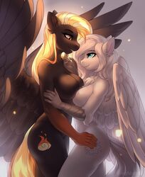 2girls absurd_res amber_eyes anthro asymmetrical_breast_frottage avian big_breasts bite biting_lip biting_own_lip black_body blonde_hair blue_eyes breast_size_difference breast_squish breasts breasts_frottage chest_tuft cutie_mark digital_media_(artwork) duo ear_piercing equid equine european_mythology eye_contact feathered_wings feathers female female/female greek_mythology hair hand_on_hip hasbro hi_res hippogriff kalinka looking_at_another mammal my_little_pony mythological_avian mythology nightskrill nude pegasus piercing self_bite shaded smile spread_wings squish tori_(oc) tuft white_body white_hair wings yuri