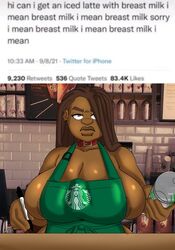 1girls angry blue_eyes cleavage dark-skinned_female dark_skin dog_collar dreadlocks ear_piercing earrings female female_focus female_only huge_breasts iced_latte_with_breast_milk lip_piercing looking_at_viewer meme original original_character starbucks upper_body voluptuous witdrawsloods