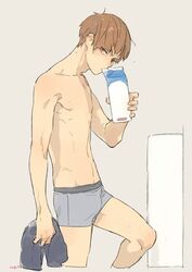 boxer_briefs brown_eyes brown_hair drinking_milk male_only milk pose shirabu_kenjirou skinny solo_male tagme underwear wet