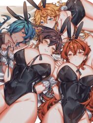 4girls big_breasts blue_eyes blue_hair blush breasts brown_hair bunny_ears bunny_girl bunny_tail bunnysuit childe_(genshin_impact) crow_3434 diluc_(genshin_impact) female_kaeya genderswap_(mtf) genshin_impact ginger kaeya_(genshin_impact) multiple_girls orange_hair red_eyes red_hair rule_63 tartaglia_(genshin_impact) thick_thighs thighs tight_clothing yellow_eyes zhongli_(genshin_impact) zhongli_jiejie