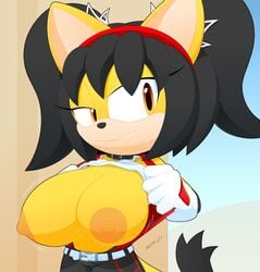 2020 alternate_breast_size amber_eyes artist_name belt big_ears big_eyes big_head big_nipples black_hair bra bra_lift breasts breasts_out bursting_breasts busty cat_ears cat_tail catgirl cel_shading cel_shading_(retro) choker clothing eyelashes feline gloves hair_ornament hairband honey_the_cat huge_nipples large_breasts looking_at_viewer motion_lines nipples orange_nipples pants presenting_breasts puffy_nipples sega shirt shirt_up simple_shading slickehedge small_but_busty smile sonic_(series) sonic_team sonic_the_fighters sonic_the_hedgehog_(series) tail thick_nipples top_lift twintails white_belt white_gloves yellow-skinned_female yellow_breasts yellow_fur yellow_skin