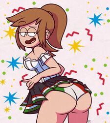 abstract_background ass bare_shoulders bedroom_eyes bending_over big_ass brown_hair close_enough clothed emily_ramírez eyelashes female latina looking_at_viewer looking_back panties ponytail presenting presenting_hindquarters seductive semidraws skirt_lift smile solo