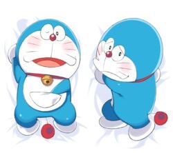 adorable bed blue_body blue_skin blush cat collar cute cute_face dakimakura doraemon doraemon_(character) feline jingle_bell male male_only pop_kyun red_collar red_nose red_tail robot robot_cat solo solo_male whiskers white_feet white_hands