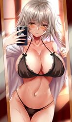 1girls bangs bare_shoulders blush bra breasts cleavage curvy embarrassed eyebrows eyebrows_visible_through_hair eyelashes eyelashes_visible_through_hair fate/grand_order fate_(series) female female_focus highres hips holding_phone huge_breasts jeanne_alter kuro_(tbm9187) large_breasts lingerie long_hair selfie silver_hair sweat sweaty_breasts thigh_gap thighs underwear undressing yellow_eyes