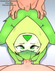 alien alien_girl anal ass blonde_hair blush erohoney eyelashes fellatio female gem_(species) green_body green_eyes green_skin human human_on_humanoid humanoid light-skinned_male male peridot_(steven_universe) steven_universe tongue