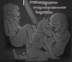 <3 2018 anthro black_and_white blush breath clothing command deltarune dialogue dragon ear_tuft girly glasses goat goat_humanoid grayscale groping hair_over_eyes happy hoodie horns human human_on_anthro kissing kris_(deltarune) middry ralsei robe romantic romantic_couple saliva saliva_string scarf sharp_teeth shoulder_length_hair smile submissive_male susie_(deltarune) teeth threesome tongue torn_legwear