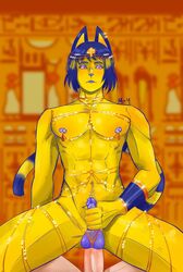 abs anal animal_crossing ankha ankha_ride_(minus8) anthro artist_request balls blue_hair blurry_background bracelet cat_ears color colored_background cowgirl_position ear_piercing earrings egyptian furry jewelry looking_down make_up male/male male_penetrated masturbating_while_penetrated masturbation muscular muscular_male naked nintendo nipple_clips nipples penis purple_eyes purple_penis rule_63 short_hair slim source_request striped_fur yaoi year_request yellow_skin