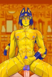 abs anal animal_crossing ankha ankha_ride_(minus8) anthro artist_request balls blue_hair blurry_background bracelet cat_ears color colored_background cowgirl_position ear_piercing earrings egyptian furry gay jewelry looking_down make_up male/male male_penetrated masturbating_while_penetrated masturbation muscular muscular_male naked nintendo nipple_clips nipples penis purple_eyes purple_penis rule_63 short_hair slim source_request striped_fur yaoi year_request yellow_skin