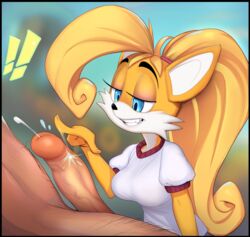 blue_eyes coco_bandicoot cosplay flicking fur furry fusion human human_on_anthro large_penis penis penis_out ponytail precum rule_63 smug sonic_(series) tails tailsko teasing yellow_fur