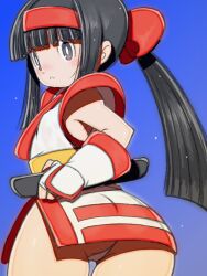 1girls ainu_clothes alternate_hairstyle armpit_peek ass big_ass bubble_butt dat_ass female female_only fingerless_gloves gloves grey_eyes hair_ribbon hi_res legs looking_back nakoruru open_mouth ponytail ribbon samurai_shodown snk solo thick_thighs thighs thong veil8801 weapon