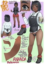 1futa ananda_(neone-x) apron breasts casual character_sheet clothed clothing dark-skinned_futanari dark_skin footwear foreskin_overhang fully_clothed futa_only futa_sans_balls futanari futarbucks grower_not_a_shower high_heels human large_penis looking_at_viewer neone-x outerwear partially_clothed penis solo standing text thong