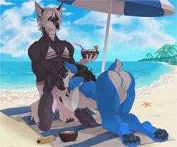 abs anthro anthro_on_anthro anus ass balls beach beverage biped blue_body blue_fur blue_nipples blue_pussy bodily_fluids breasts canid canine canis closed_eyes detailed_background digital_media_(artwork) dobermann domestic_dog duo erection exhibitionism fellatio female fur genital_fluids genitals gerdeer giant_panda hair holding_beverage holding_object knot male male/female mammal nipples nude oral outside penile penis pinscher precum public public_nudity public_sex purple_eyes pussy saliva sea seaside sex shaded ursid water