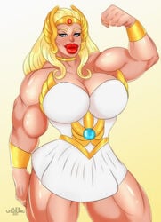 1girls alexcherubic biceps big_lips bimbo bimbofication blonde_hair blue_eyes bodybuilder clothing dress flexing long_hair muscle muscles muscular muscular_female princess_adora red_lipstick she-ra she-ra_princess_of_power skirt white_dress white_skirt