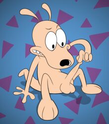 abstract_background anthro balls darkajugin foreskin foreskin_pull fur genitals hi_res macropod male mammal marsupial nickelodeon nude penis rocko's_modern_life rocko_rama solo tan_body tan_fur tight_foreskin wallaby