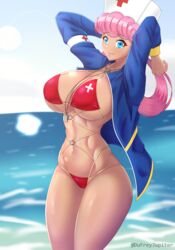 1girls alternate_breast_size big_breasts bikini blue_eyes breasts dufreyjupiter eye_contact female large_breasts looking_at_viewer nintendo nurse_cap nurse_joy pink_hair pokemon pokemon_(anime) solo standing tan_skin thick_thighs thighs