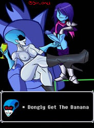 1boy 1girls armored_boots black_boots blue_body blue_gloves blue_skin boobs boots breasts deltarune deltarune_chapter_2 female fondling fondling_balls gloves goblet hand_on_balls handjob heel_boots heels kris_(deltarune) kris_get_the_banana male masturbating medium_breasts milf nipples penis penis_out queen_(deltarune) robot robot_girl sir_anci smile tits watermark white_body