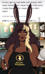 1girls amoine apron apron_only big_breasts black_eyebrows black_hair blonde_highlights bunny_ears cup cupcake992 dark-skinned_female dark_skin english_text female female_only final_fantasy final_fantasy_xiv hi_res iced_latte_with_breast_milk light_blush long_hair looking_at_viewer meme mole mole_under_eye naked_apron nude nude_female orange_eyes pen red_lipstick screenshot sideboob solo solo_female starbucks text thick_eyebrows viera waitress