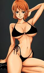 1girls bikini breasts cleavage female female_only huge_breasts nami one_piece orange_hair shellmaru short_hair shounen_jump smile solo solo_female tagme_(artist) thick_thighs