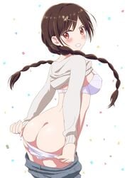 angry ass ass_cleavage bangs blush bra braid breasts brown_eyes brown_hair butt_crack butterfly_hair_ornament clothes_pull clothing female hair_ornament kanojo_okarishimasu komatsu_(sakanae) long_hair looking_at_viewer mizuhara_chizuru nipples official_style pantsu panty_pull posterior_cleavage purple_bra purple_panties purple_underwear solo sweater sweater_lift tagme tied_hair twin_braids underwear underwear_pull white_background