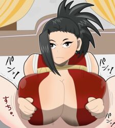 1boy 1girls alolanfirestone bed black_eyes black_hair bodysuit boobjob breasts center_opening cleavage clothed_paizuri eyebrows female frown hero_outfit_(mha) highres huge_breasts light-skinned_female light-skinned_male light_skin long_hair looking_at_viewer momo_yaoyorozu my_hero_academia paizuri paizuri_under_clothes serious sound_effects spiky_hair tied_hair titfuck