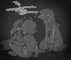 2018 anthro black_and_white blush breath clothing command deltarune dialogue dragon ear_tuft girly glasses goat goat_humanoid grayscale groping hair_over_eyes happy heart hoodie horns human human_on_anthro kissing kris_(deltarune) laugh looking_pleasured middry ralsei robe romantic romantic_couple scarf sharp_teeth shoulder_length_hair smile submissive_male susie_(deltarune) teeth threesome tongue torn_legwear