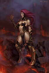 1girls bare_thighs breasts busty curvaceous curves curvy curvy_body curvy_female curvy_figure curvy_hips darksiders darksiders_3 detailed_background female female_only fit fit_female flowing_hair fury_(darksiders) glowing_eyes half_naked lipstick markings midriff nephilim red_hair skimpy skimpy_armor sole_female solo tagme tattoo tattoos toned toned_female volcanic_setting whip white_eyes