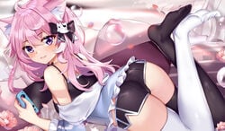 1girls ass black_shorts black_socks breasts cat_ears crop_top dolphin_shorts ear_fluff female female_only hairbow laying_down laying_on_stomach legs_up long_hair long_sleeves looking_at_viewer micro_shorts neko nintendo nintendo_switch no_shoes nyatasha_nyanners off_shoulder open_clothes pink_hair purple_eyes shorts small_breasts socks solo squchan thighhighs virtual_youtuber vshojo white_socks