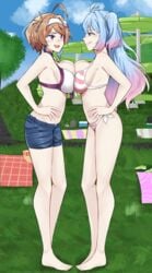 bathing_suit blue_hair breast_contest breasts breasts_comparison brown_hair juenfromspace short_hair shorts spacejune virtual_youtuber waterpark