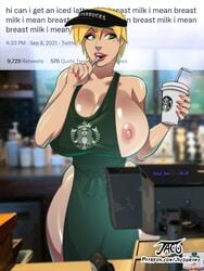 1girls abnormaly_large_breasts apron barista big_breasts breasts busty clothing fast_food female female_focus female_only headwear hourglass_figure iacolare iced_latte_with_breast_milk jacogram meme outerwear solo starbucks tagme uniform waitress waitress_uniform wide_hips