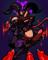 4_arms big_ass big_breasts clothed cum darksiders demon demon_eyes demon_girl demon_horns demon_tail demoness dis_(darksiders) flaming_hair glowing_eyes multi_arm multi_limb penises_everywhere thick_thighs wide_hips