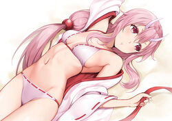 aoten bangs bare_shoulders bed bed_sheet bikini breasts cleavage clothing female female horns kimono long_hair long_sleeves looking_away looking_to_the_side low-tied_long_hair low_ponytail lying medium_breasts navel off_shoulder on_back on_bed open_clothes open_kimono open_mouth parted_lips pink_hair ponytail purple_eyes ribbon-trimmed_sleeves ribbon_trim robe shuna_(tensei_shitara_slime_datta_ken) solo stomach swimsuit tagme tensei_shitara_slime_datta_ken tied_hair very_long_hair wafuku white_bikini white_kimono white_swimsuit wide_sleeves