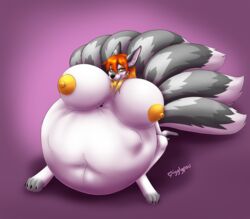 2021 anthro areola belly big_belly big_breasts black_claws black_nose breasts bulge canid canine claws digital_media_(artwork) female female_pred fox fur grey_body grey_fur hair hi_res huge_breasts hyper igglypou looking_at_viewer mammal multi_tail navel nipples orange_eyes orange_hair orange_nipples orange_tongue sitting solo toe_claws tongue tongue_out vore