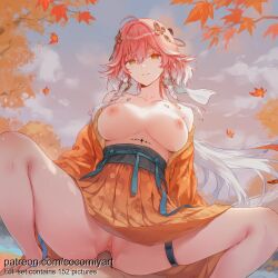 1boy 1girl 2026 ai_generated autumn autumn_leaves bare_shoulders braid breasts changli_(wuthering_waves) cocomiyart collarbone cowgirl_position girl_on_top hair_between_eyes hetero highres japanese_clothes kimono large_breasts long_hair looking_at_viewer maple_leaf nipples nsfw obi open_kimono orange_eyes orange_kimono outdoors parted_lips penis pink_hair pov pov_crotch pussy sash sex smile solo_focus spread_legs squatting_cowgirl_position straddling thigh_strap thighs twin_braids uncensored vaginal wuthering_waves yellow_eyes