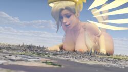 1girls 3d bottopbot2 exposed_breasts exposed_nipples giantess highres mercy overwatch