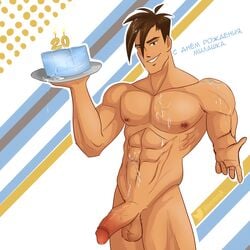 1boy big_balls big_penis boy brandon_(winx_club) brown_eyes brown_hair cake cum cum_on_body cum_on_face dripping_cum male male_only muscles muscular muscular_male nesteruk smile solo solo_male winx_club