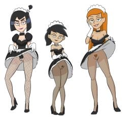3girls apron bare_shoulders black_choker black_dress black_eyes black_footwear black_hair breasts choker cleavage clothes_lift dani_phantom danny_phantom dress dress_lift female_pubic_hair fishnet_legwear fishnets full_body gloves green_eyes hand_on_own_face high_heels jazz_fenton lifting_own_clothes lipstick long_hair looking_at_viewer maid maid_apron maid_headdress makeup medium_breasts multiple_girls no_panties orange_hair pantyhose ponytail pubic_hair puffy_sleeves pussy sam_manson short_hair short_sleeves simple_background skirt_lift smile standing tagme_(artist) uncensored white_background white_gloves