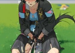 1girl black_coat black_hair blue_shirt blush breasts bulge button_gap cleavage coat commentary_request cum cum_in_clothes cum_through_clothes erection erection_under_clothes eyes_out_of_frame field futanari gloves grass hair_between_eyes hair_ornament hands_on_own_crotch head_out_of_frame horse_girl horse_tail katsuragi_ace_(dragon_rising_to_the_top)_(umamusume) katsuragi_ace_(umamusume) kneeling long_sleeves mgjueyer multicolored_gloves nose_blush open_mouth outdoors penis shirt shoes solo sweat tail tail_raised tassel tassel_hair_ornament toned toned_female trembling twitching two-tone_gloves umamusume very_sweaty white_shoes