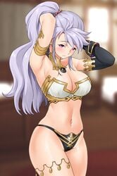 1girls absurdres alternate_costume armlet armpits arms_behind_back arms_up bikini black_bikini black_panties blush breasts cleavage commission cosplay detached_sleeves earrings fate/grand_order fate_(series) female fire_emblem fire_emblem:_genealogy_of_the_holy_war headpiece highres hoop_earrings igni_tion ishtar_(fate) ishtar_(fate)_(all) ishtar_(fate)_(cosplay) ishtar_(fire_emblem) jewelry large_breasts long_hair looking_at_viewer mismatched_bikini namesake navel neck_ring nintendo panties purple_eyes solo swimsuit thighs underwear