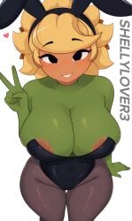 1girls ai_generated big_breasts bunny_ears bunnysuit nipples plants_vs_zombies pussy solar_flare_(pvz) stockings thick_thighs v-sign v_sign