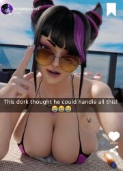 1boy 1girls 3d 3d_(artwork) anonymous_male asian asian_female big_boobs big_breasts bikini bikini_top black_and_purple_hair black_hair black_hair_female boobs breasts giantess huckleberry8181 huge_boobs huge_breasts juri_han korean korean_female light-skinned_female light_skin purple_hair purple_hair_female shrunk shrunken_male social_media street_fighter street_fighter_6 swimsuit swimwear