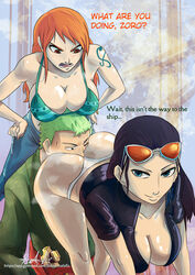 1boy 2girls big_ass big_breasts big_butt bikini black_hair blue_eyes brown_eyes dark_hair doktor_malefic eyewear_on_head facesitting female femdom ffm_threesome green_hair jeans male nami nico_robin one_piece orange_hair post-timeskip roronoa_zoro sandwiched sarong striped_bikini sunglasses sweat threesome