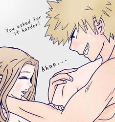 1boy 1girls blonde_hair camie_utsushimi closed_eyes english_text face_to_face female katsuki_bakugou leg_on_shoulder male moaning my_hero_academia open_mouth sex smirk spiky_hair straight strophalosx3 text