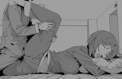 1boy 1girl barefoot closed_eyes clothed_frottage commentary_request frottage girls_und_panzer greyscale henyaan_(oreizm) hetero highres indoors leg_up long_sleeves lying midriff monochrome navel nishizumi_miho on_stomach open_mouth pajamas pillow short_hair sleep_molestation sleeping