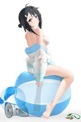 1girl ahoge arknights ass ball_(object) bare_shoulders barefoot beach_ball bikini black_eyes breasts closed_mouth compressed feather_hair from_behind full_body hair_bun hair_ornament highres hood hooded_jacket id_card inflatable jacket la_pluma_(arknights) la_pluma_(summer_flowers)_(arknights) long_sleeves looking_at_viewer looking_back medium_ass medium_breasts megaphone official_alternate_costume on_ball open_clothes open_jacket pool_toy short_hair sideboob single_side_bun sitting sitting_on_ball sitting_on_beach_ball solo squish squishing swimsuit white_bikini white_jacket wing_hair_ornament zerotwenty_(020)