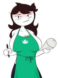 annoyed annoyed_expression apron barista blush breasts brown_hair chinigan cleavage clothing coffee_cup eyelashes fast_food green_apron iced_latte_with_breast_milk jaiden jaiden_animations jaidenanimations leggings marker meme name_tag nipples outerwear shirtless starbucks transparent_background uniform wardrobe_malfunction white_skin youtube youtuber youtuber_girl